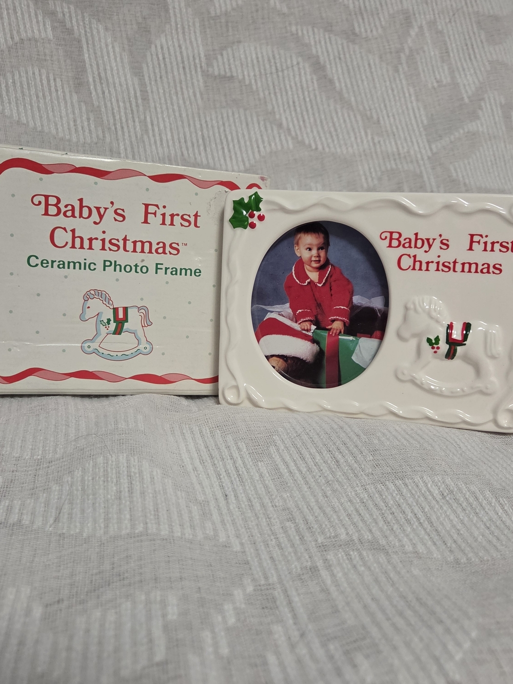 Vintage First Christmas Ceramic Photo Frame Easel Russ Berrie Rocking Horse